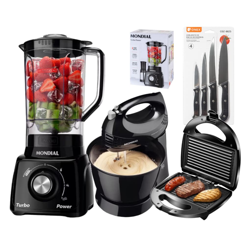Kit Sanduicheira Grill + Liquidificador Mondial + Batedeira Facas Preta 220v / 110V
