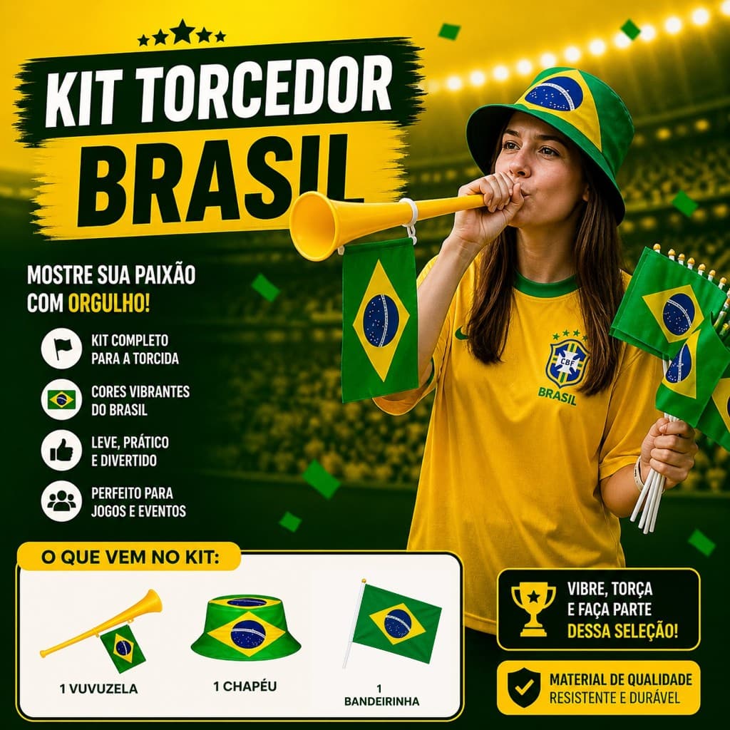 🏆 Kit 2 Torcedor Brasil Copa do Mundo 2026 3 Itens Bandeira de Mão Vuvuzela Chapéu Cata Ovo