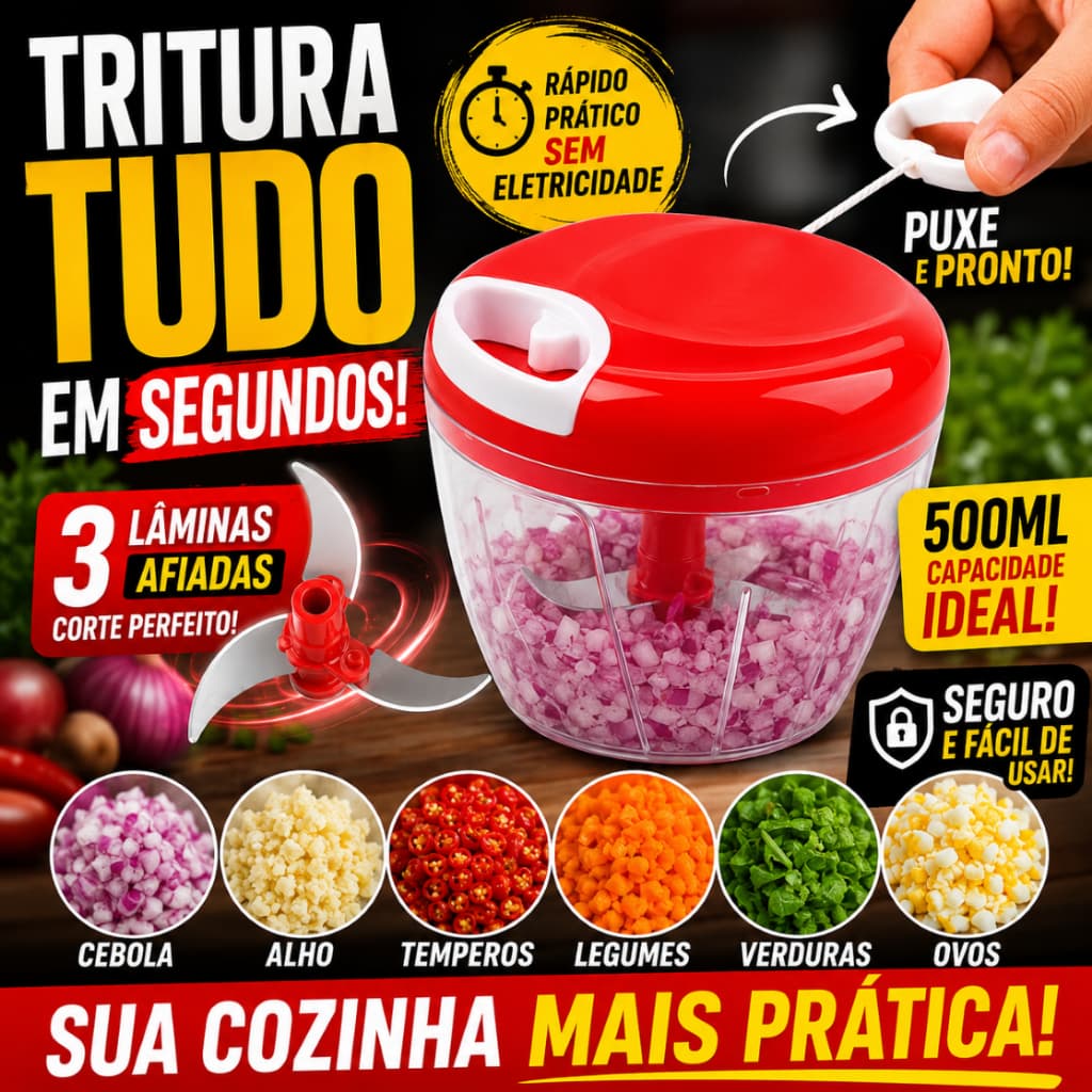 Triturador Manual Mini Chef Turbo™ 500ml – Pique Alimentos em Segundos sem Energia Elétrica - (Cores Sortidas)