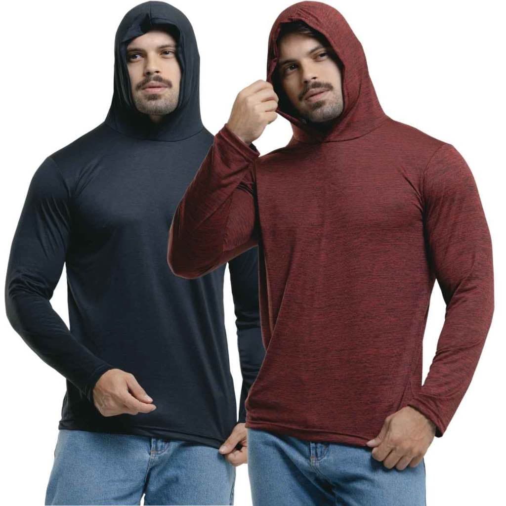 Kit 2 Camisa Dry fit Manga Longa Esportiva com Capuz Masculina Proteção Uv Touca Academia Treino Corrida Pescar