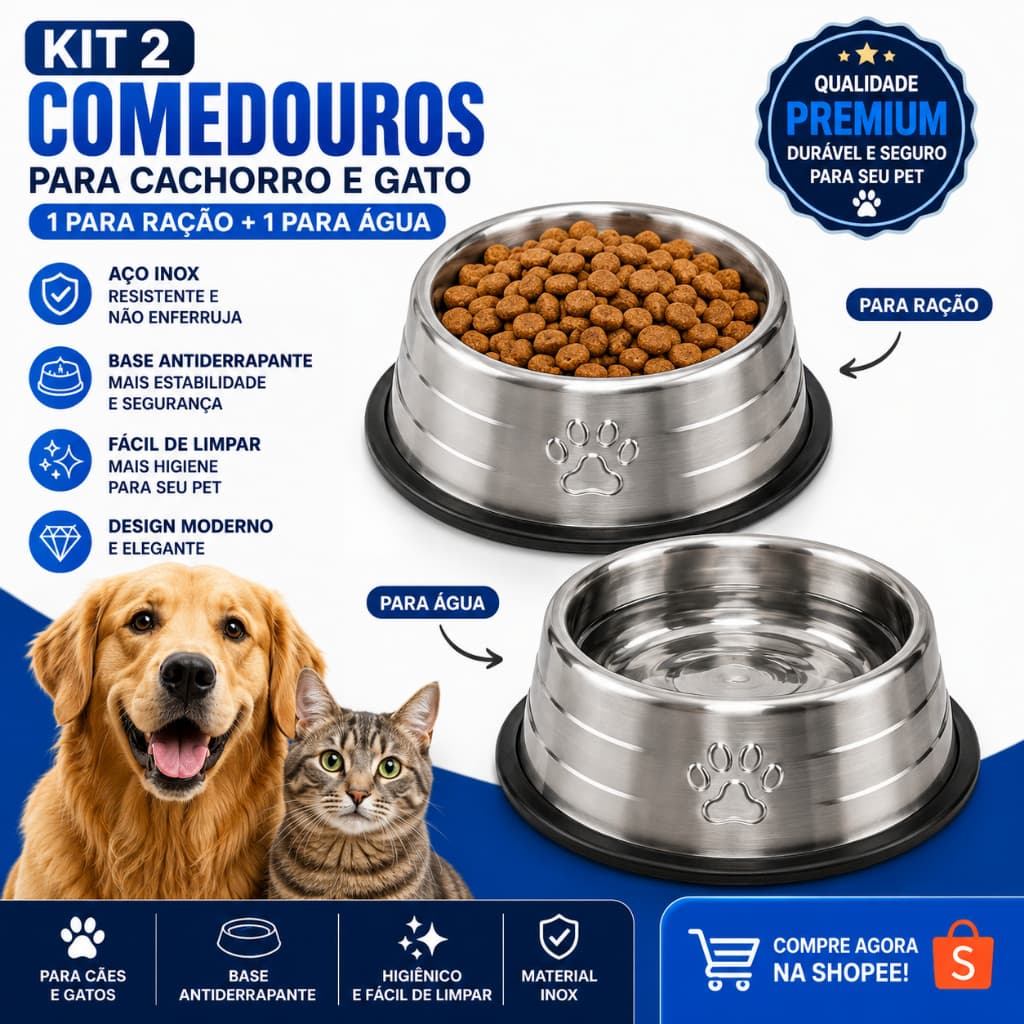 KIT 2 Comedouro ou Bebedouro de Alumínio Pesado Antiderrapante Para Cães e Gatos premium
