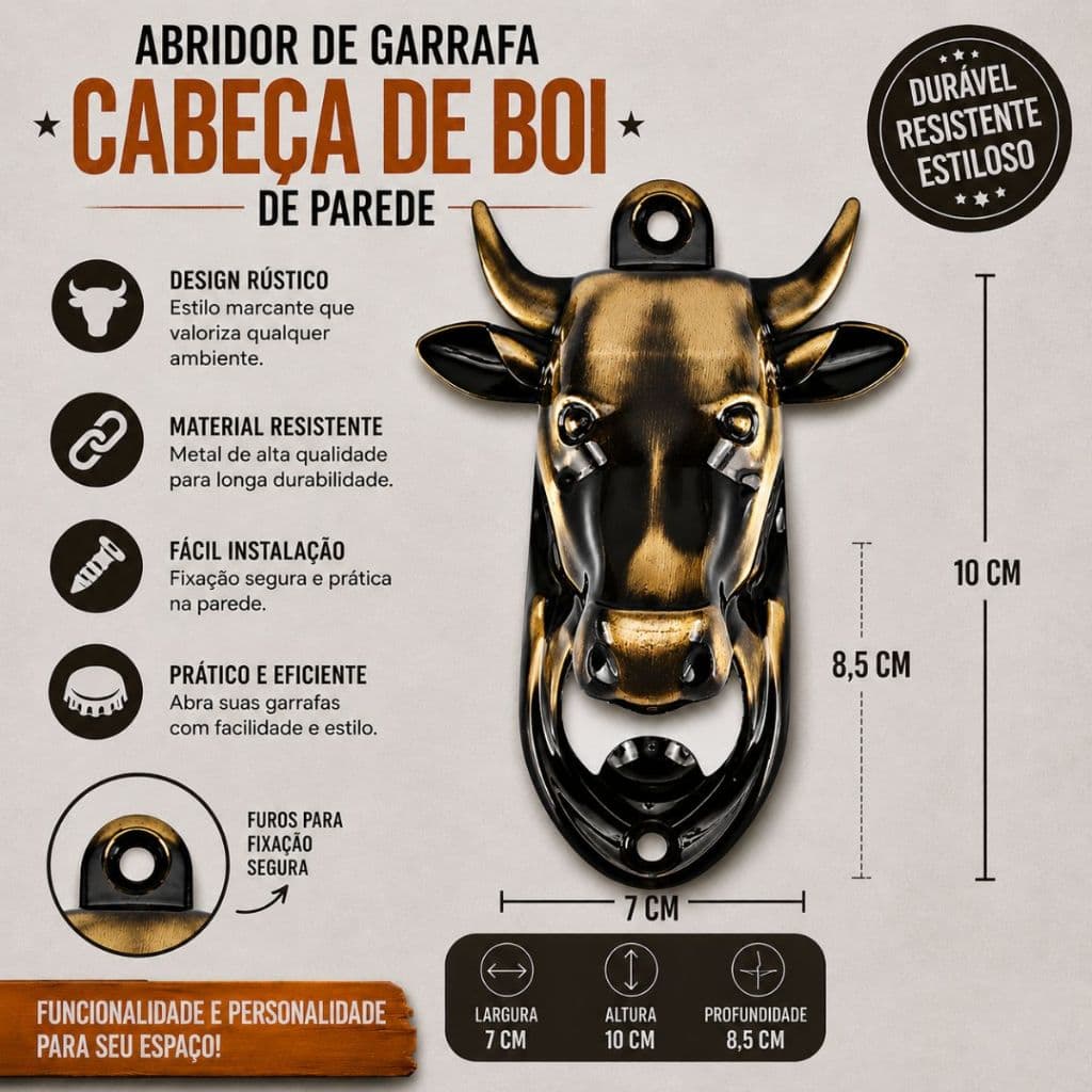 Abridor de Garrafa Parede Cabeça de Boi Animal Rustico Espaço Gourmet