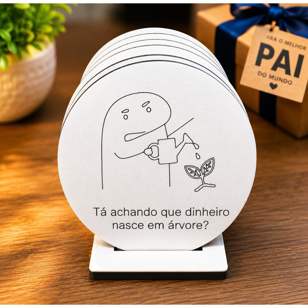 Porta Copos Pai Engraçado MDF 9CM Branco Com Frases Divertidas E Suporte Decorativo Proteção de Mesa