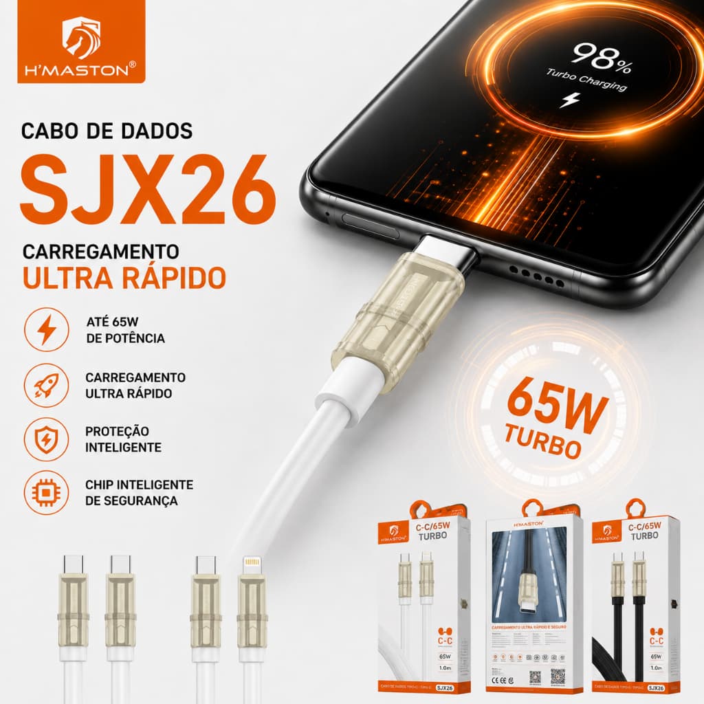 Cabo De Dados Turbo 65W H'Maston SJX26 Tipo C Para Tipo C E Lightning PD Carregamento Ultra Rápido Notebook Emborrachado