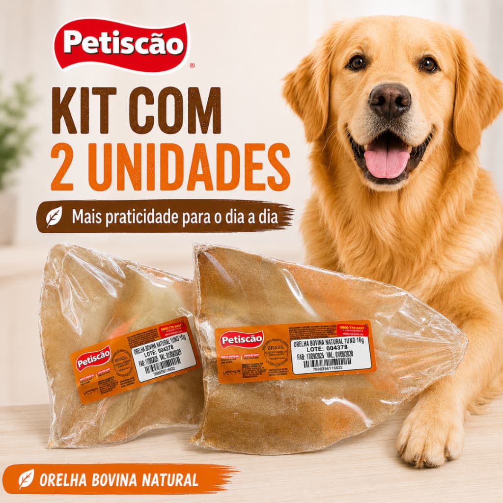 Orelha Bovina Natural Petiscão Kit 2 Unidades Petisco para Cães Snack Natural Mastigável 16g