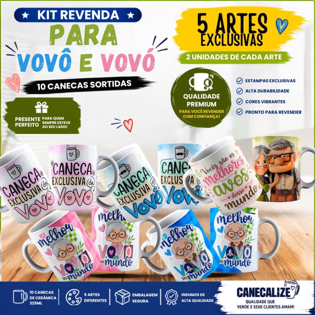 Kit 10 Canecas Dia dos Avós para Revenda Atacado | 5 Artes Exclusivas | Prontas para Vender