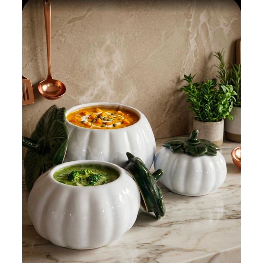 Kit Sopeira de Abobora Moranga 1 Grande  2 Pequenas  Cor Branca Em Cerâmica Kit Feijoada Caldo