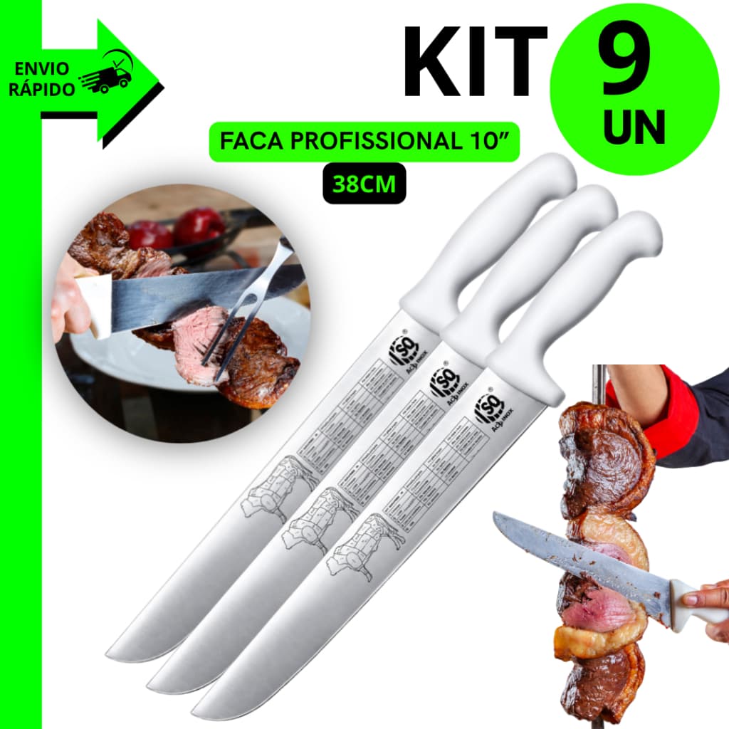 Kit 9/7/5/4 Unidades Faca Inox Profissional 10" para Restaurante Cabo Anatômico Confortável e Seguro