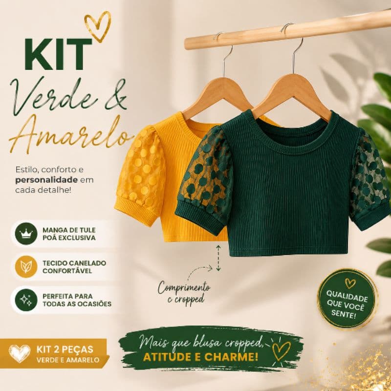 KIT 2 CROPPEDS FEMININO MANGA TULE POÁ BUFANTE.SEPARA O SEU KIT VERDE E AMARELO E ARRAS.