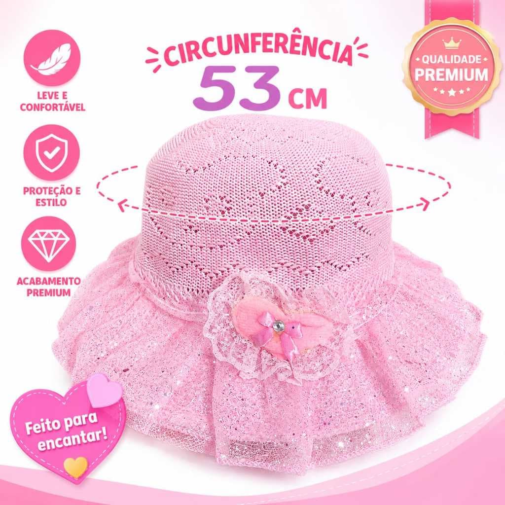 Chapéu Infantil Feminino Rosa Renda Menina 2 a 5 Anos Leve Confortável