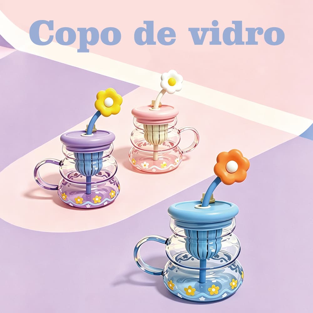Copo de vidro em formato de cabaça com canudo e flores, grande capacidade, com filtro para chá, para casa e escritório