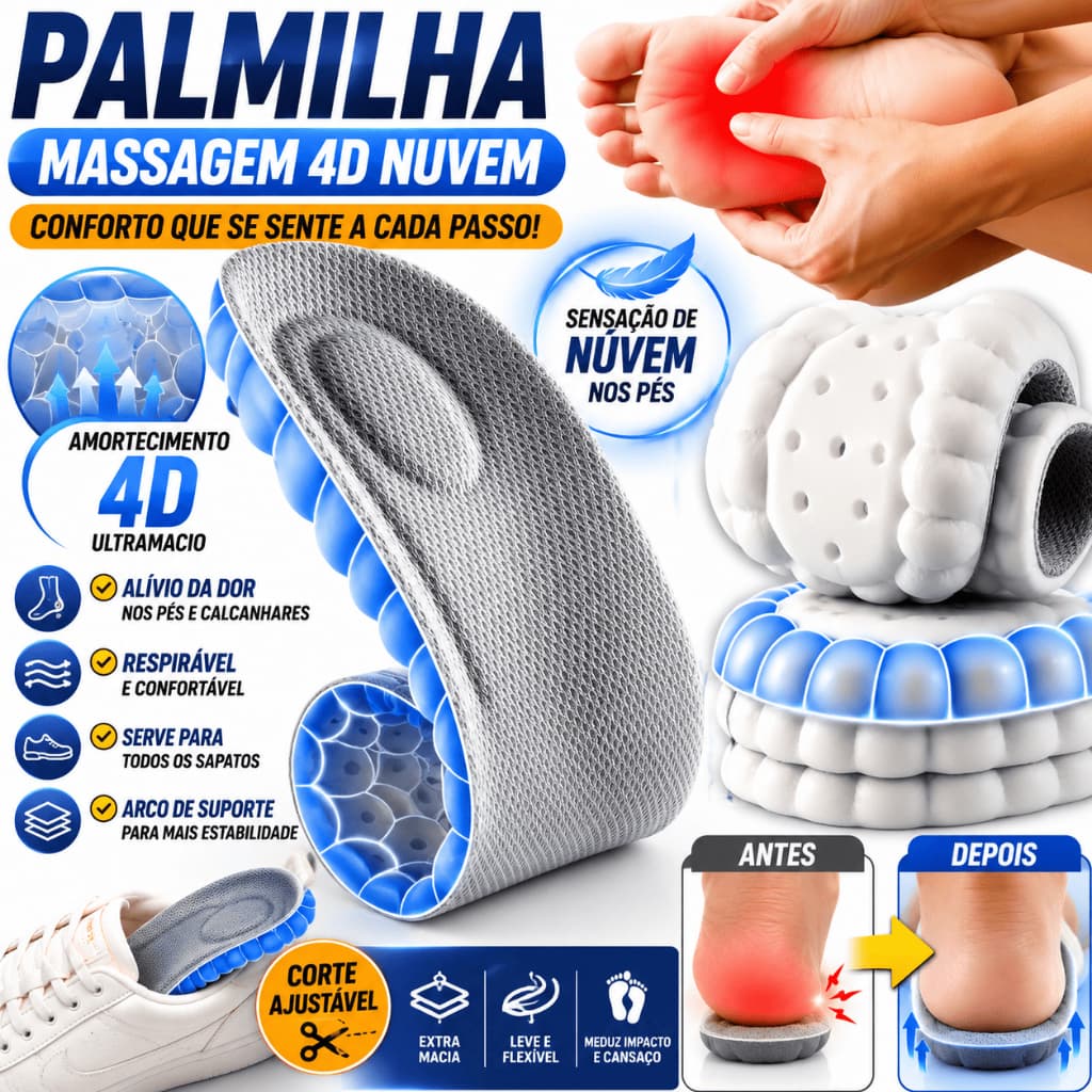 Kit Palmilha de Massagem Nuvem 4d Almofadada Para Sapato com Arco Macio