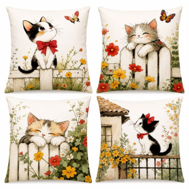 KIT 4 CAPAS DE ALMOFADAS DECORATIVAS  GATO, GATINHO LAÇO VERMELHO DELICADO - TAMANHO 45X45