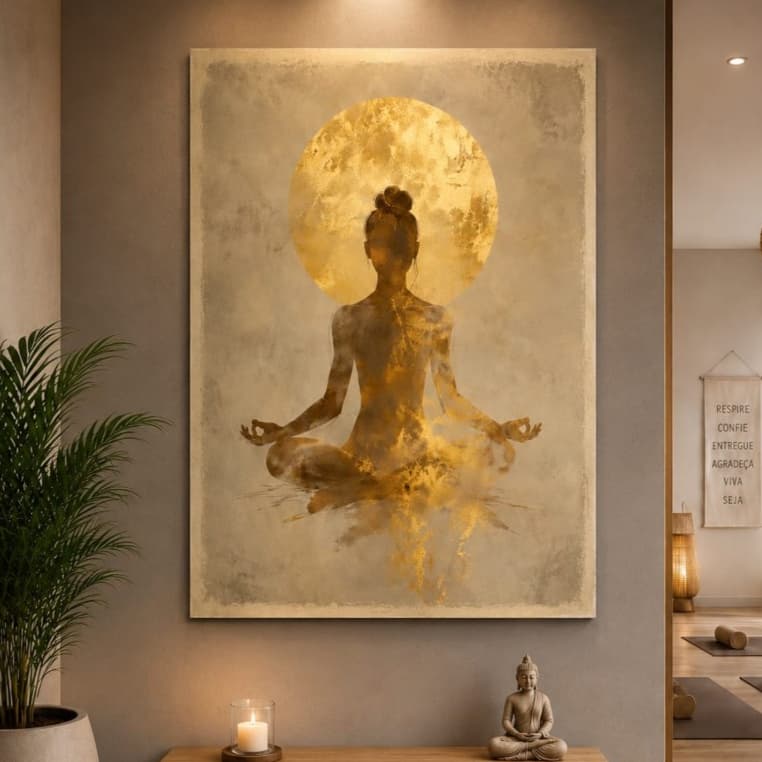 Quadro Decorativo Yoga Arte Abstrata Moderna Minimalista de Espaço Zen Tons Neutros Dourado Meditação