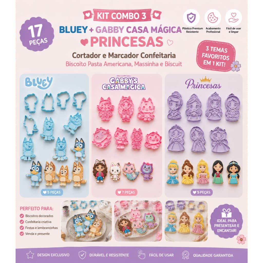 Kit Combo Bluey 5 Peças + Gabby Casa Mágica 7 Peças + Princesas Disney 5 Peças | Cortador Marcador Confeitaria Biscoito