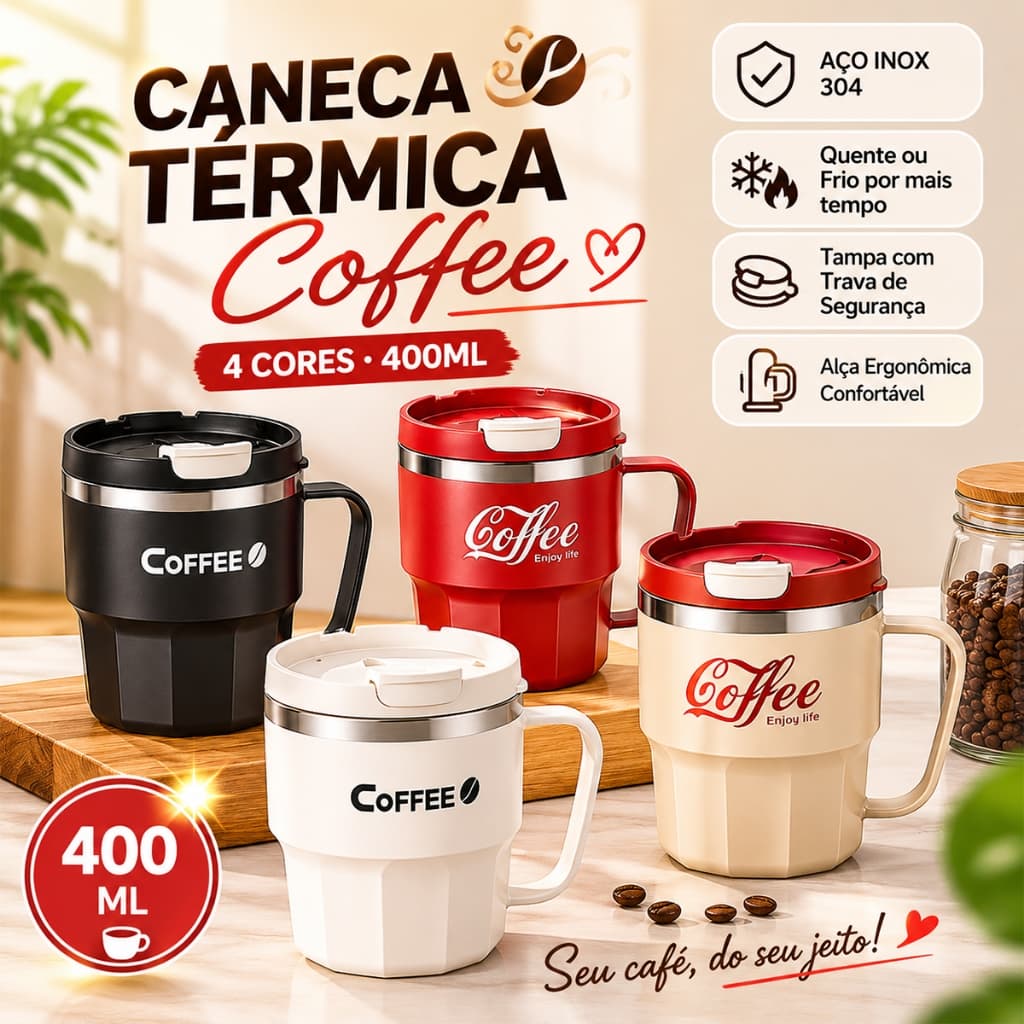Caneca De Café de Aço Inox Copo Térmica 400ml Capa Resistente Ao Calor Alça Criativa Escritório Casa