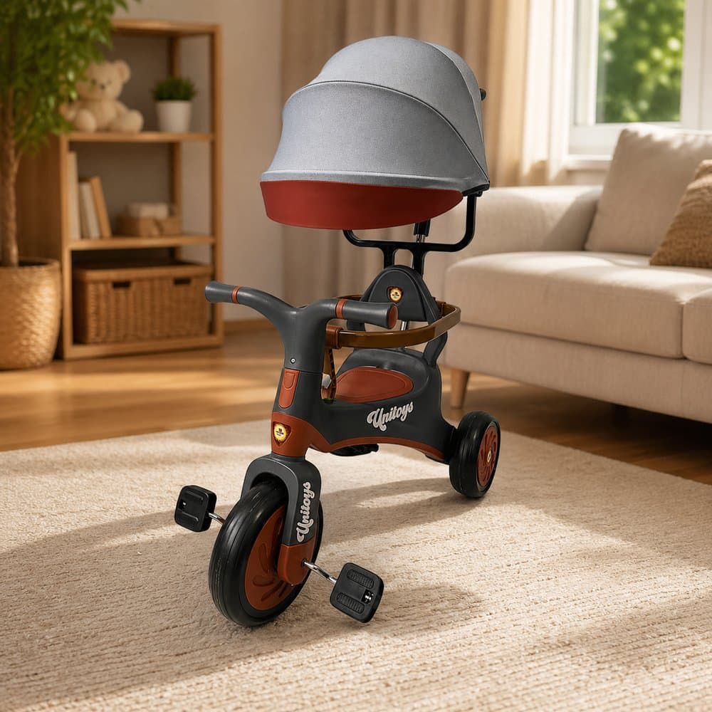 Triciclo Infantil Vintage Empurrador Dirigível Capota Retrátil Proteção Lateral Assento Anatômico
