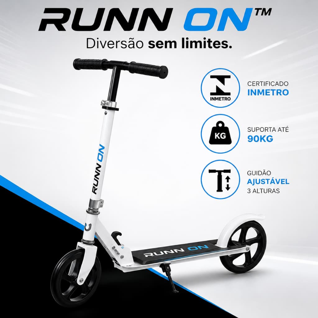 Patinete Infantil RUNN ON Ajustável 3 Níveis Até 90kg Com Suporte De Parada Branco INMETRO