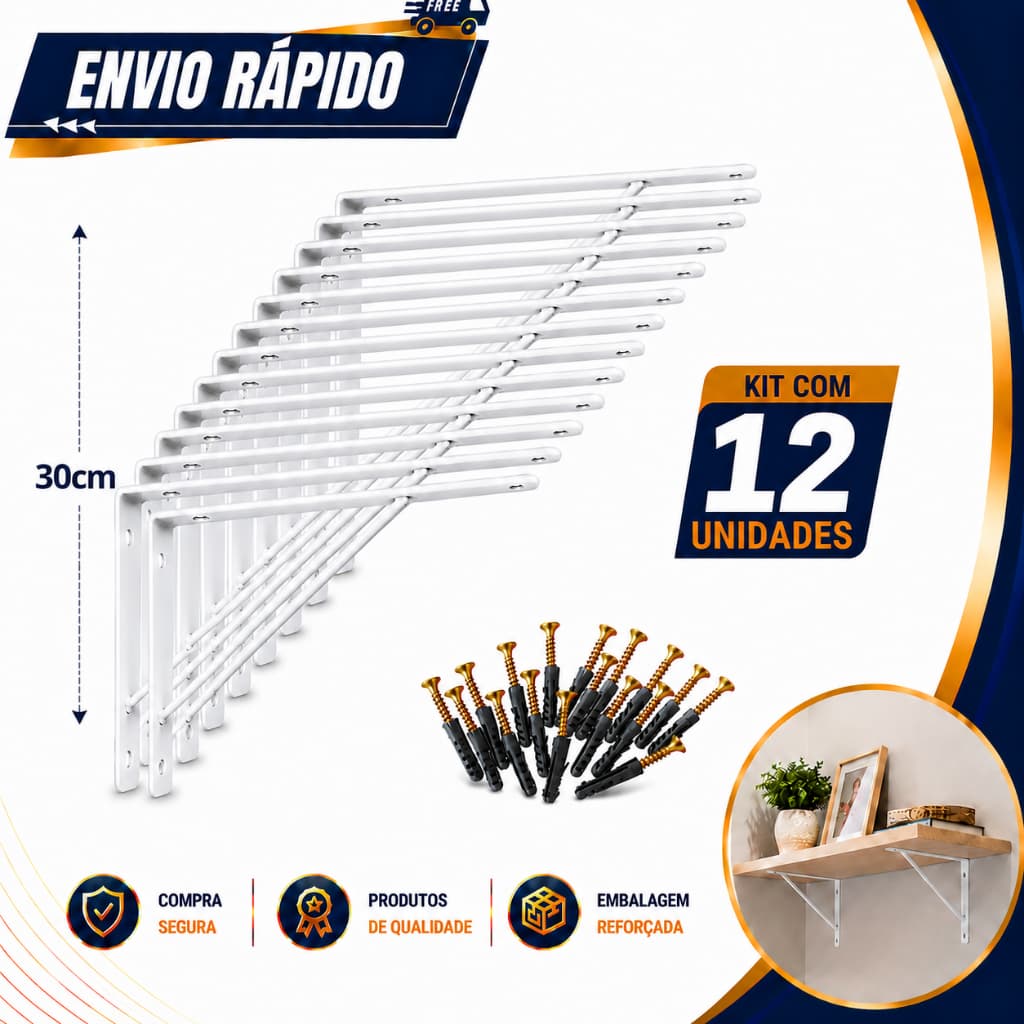 Kit 12 Suporte Mão Francesa Prateleira 30cm Branco Overtime + parafuso + bucha