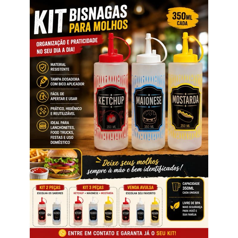 Kits Bisnagas Ketchup Maionese Mostarda Flexiveis e Resistente