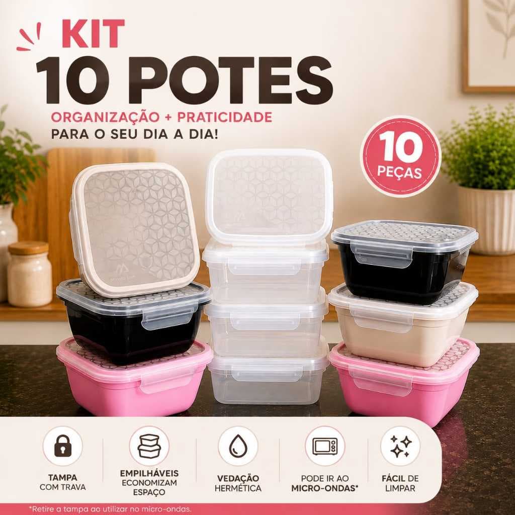 kit 10 Potes Marmita Fitness Travas Laterais 800ml Plástico Bpa Free Microondas Alimentos