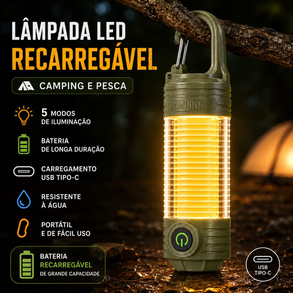 Lâmpada Recarregável Para Barraca De Acampamento E Pesca Luz Portátil Usb de Pendurar