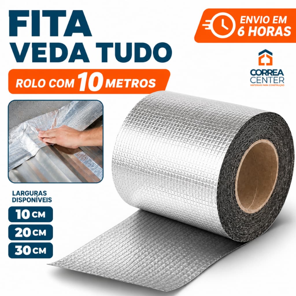 Fita Manta Asfáltica ROLO 10 METROS Autoadesiva Impermeável Veda Tudo Rufo Calha Telhado Goteira