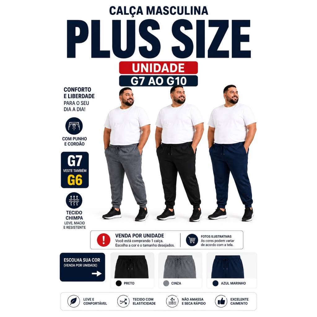 Calça Masculina Plus Size G7 ao G10 Com Punho e Cordão Unidade