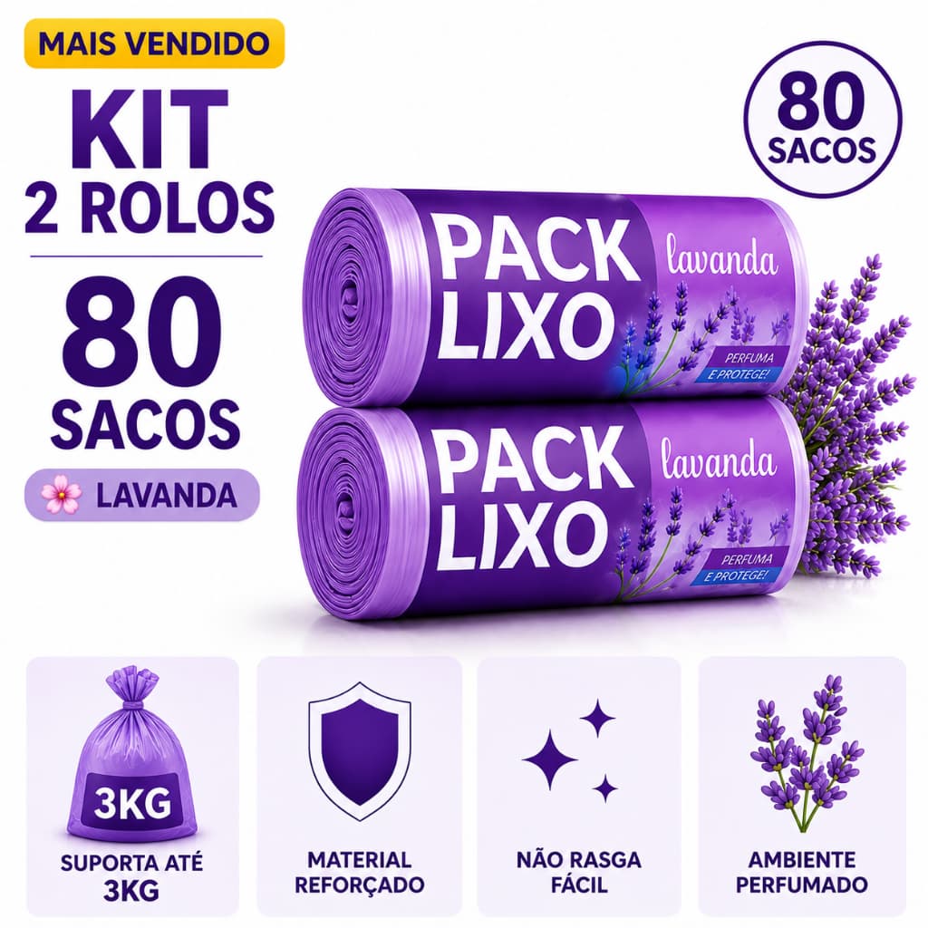 Kit 2 Rolos Sacos Lixo 10L Lavanda 80 Sacos Perfumados Resistentes Cozinha Banheiro Anti Odor