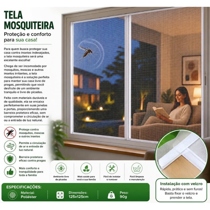 Tela Mosqueteiro com Velcro para Janelas 125x125 - Branca