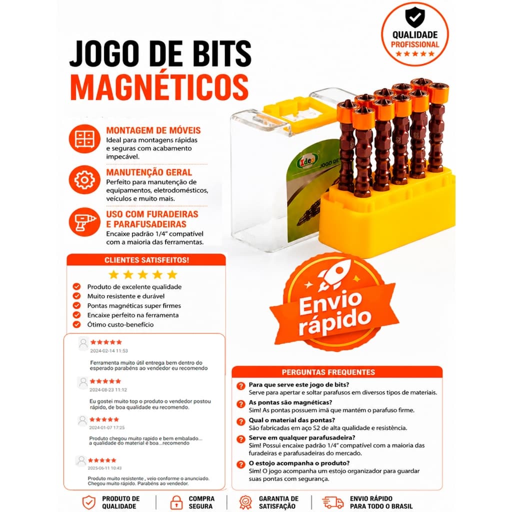 Kit 10 Bits Ponteira Magnética Philips Ph2 Dupla C/ Limitador Anti Espanamento Magnetico com Estojo