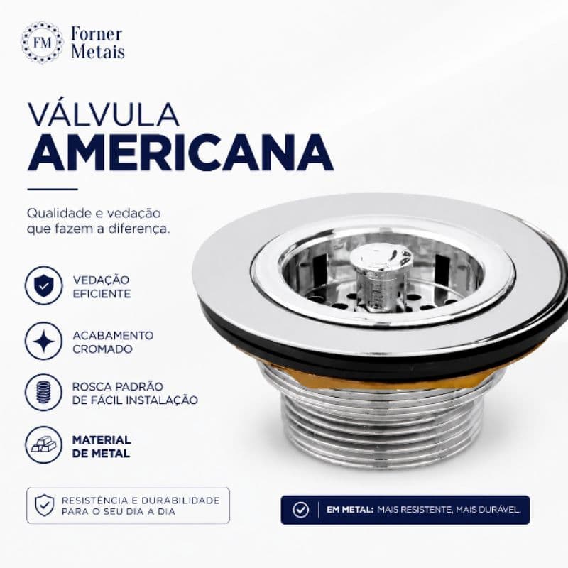 Válvula Americana Pia Cozinha 3 1/2 Metal + ABS Cromado Alta Qualidade