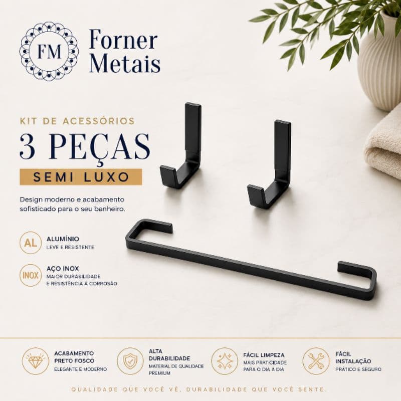 Kit Banheiro Porta Toalha e 2 Ganchos  Preto Fosco/Suporte de Toalha e Ganchos