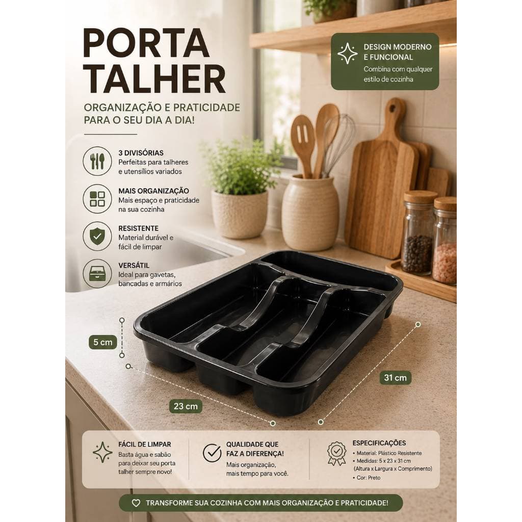 Porta Talher Suporte Organizador de Gaveta Cozinha Resistente 4 Divisórias Durável Versátil Bonito