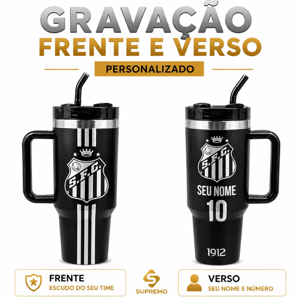 SANTOS FC COPO TERMICO PERSONALIZADO 1,2L COM TAMPA E CANUDO