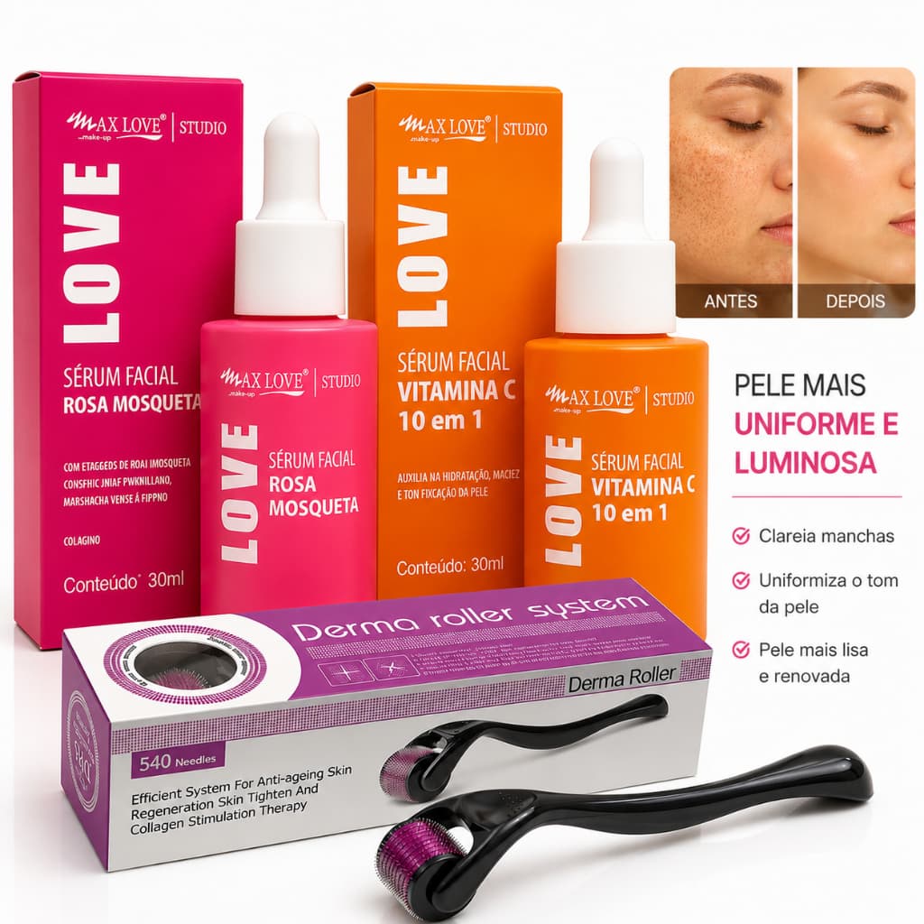 Kit Para Manchas De Acne Vitamina C Rosa Mosqueta Dermaroller Clareador Facial Pele Uniforme Microagulhamento Em Casa