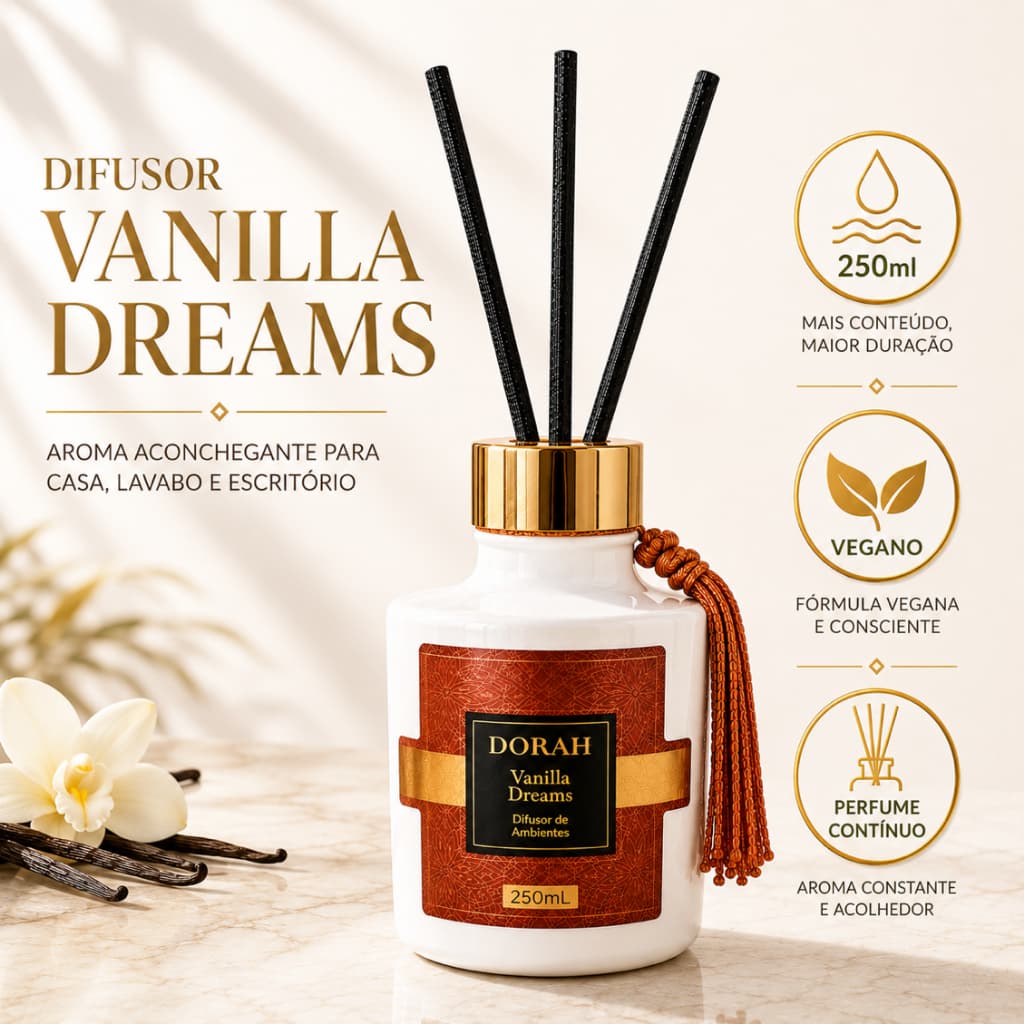 Difusor de Ambientes Luxo Vanilla Dreams 250ml - Aromatizador Varetas Baunilha – Dorah Beauty