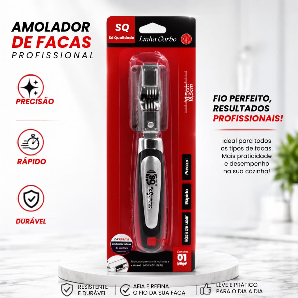 Amolador Afiador de Facas  e Tesouras Profissional em Aço Inox Original SQ – Linha Garbo 18,5 cm