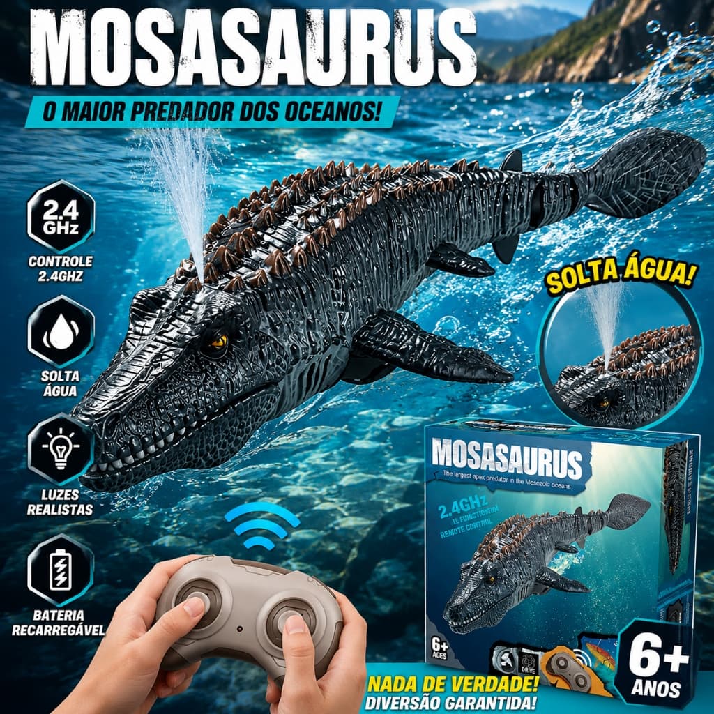 Mosasauro Controle Remoto 2.4GHz com Spray de Água Dinossauro Aquático Infantil