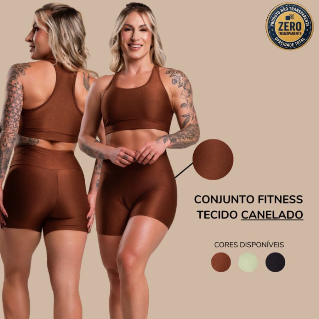 Conjunto Fitness Feminino Canelado Brilhoso Academia Top Nadador e Short Liso Cintura Alta Look Esportivo RIQ Modas
