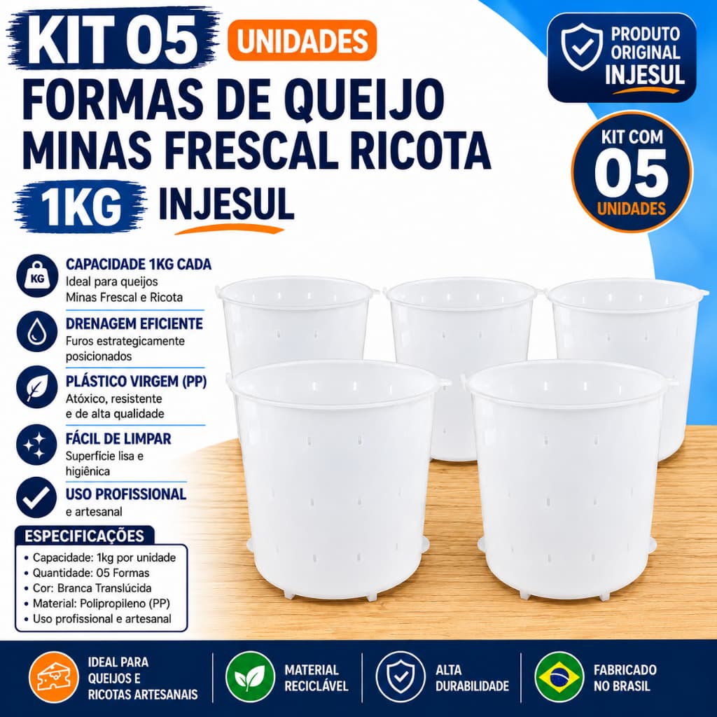 Kit 5 Formas Queijo Minas Frescal Ricota 1KG (1000 mg) Injesul