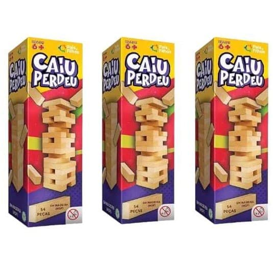 KIT 1 a 3 Jogo Caiu Perdeu Pais & Filhos de Madeira Jogo da Torre de Madeira 54 Peças Desenvolve Coordenação Motora