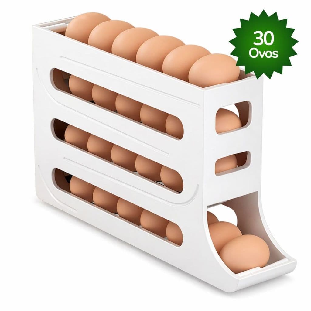 Porta Ovos dispenser 4 Andares Branco Rolante em Plástico para Geladeira Organizador 30 Ovos