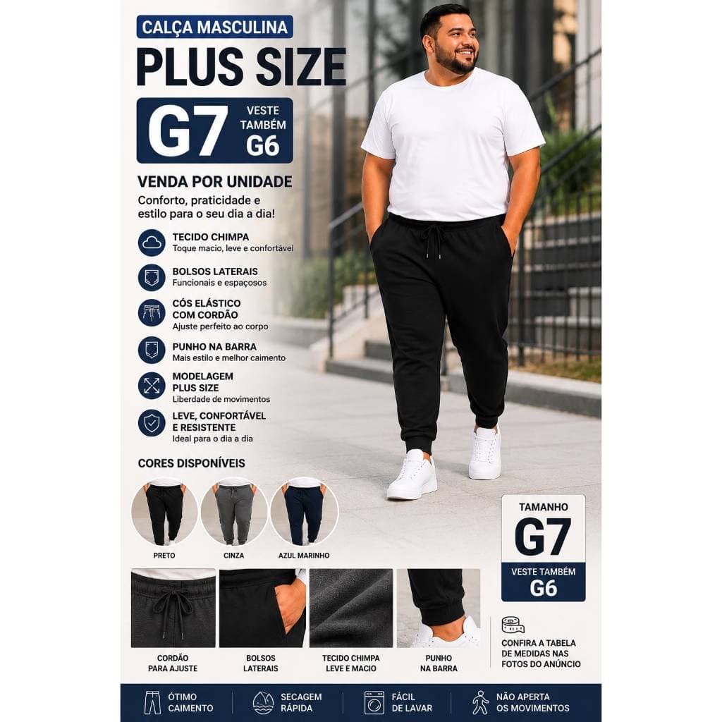 Calça Plus Size Masculina G7 Com Bolsos e Punho