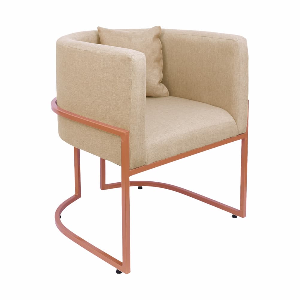 Poltrona Ferro Rose gold tecido Linho Decorativa Penteadeira Clinica Recepção Cadeira Consultório