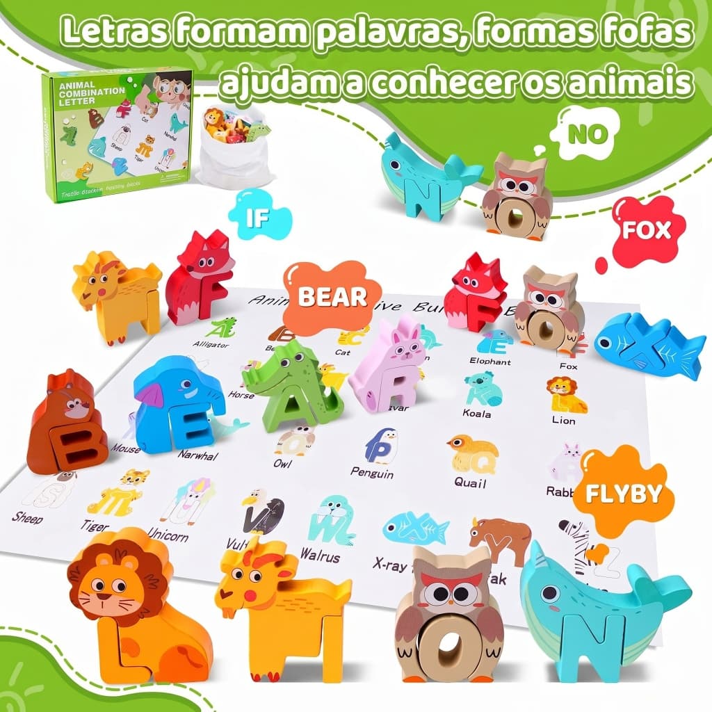 Quebra-Cabeça 3D Madeira Montessori Alfabeto Letras Animais Blocos Brinquedo Educativo Infantil
