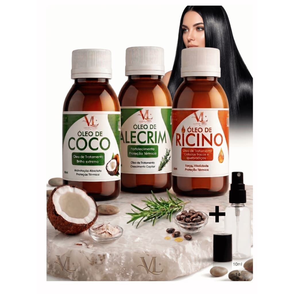 Kit  para Umidificação Capilar  VL Óleo de Coco + Rícino + Alecrim 60ml + Frasco