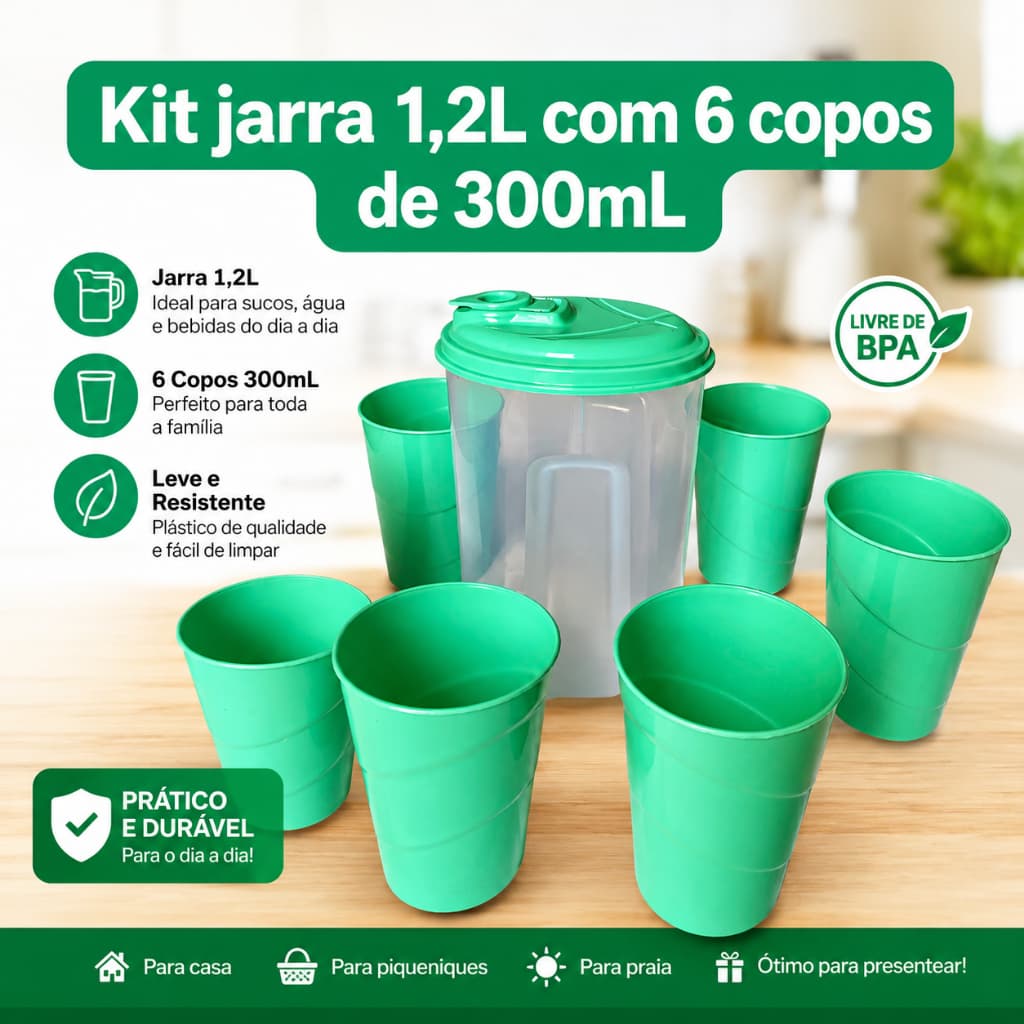 Kit Jarra+6 Copos Jarra 1,200mL Com Tampa+6 Copos 300mL Para Água Suco Refresco Plástico BPA FREE