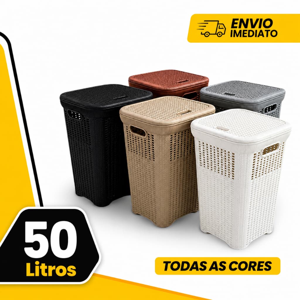 Cesto Telado Para Roupas Rattan 50 Lts Com Tampa Premium Varias Cores Branco Preto Cinza Bege Branco