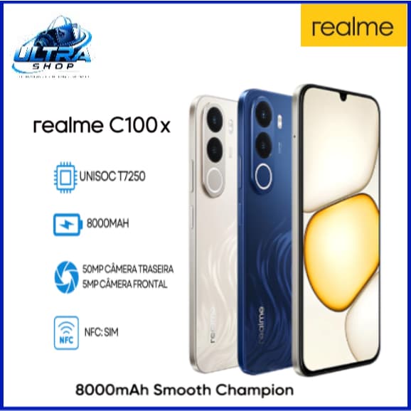 Smartphone Realme C100x 4G, Versão Global, 256GB + 4GB RAM, Processador Unisoc T7250, NFC, Câmera 50MP, Bateria 8000mAh
